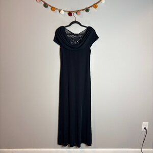 Patra navy blue beaded embellished cowl neck drapey dress